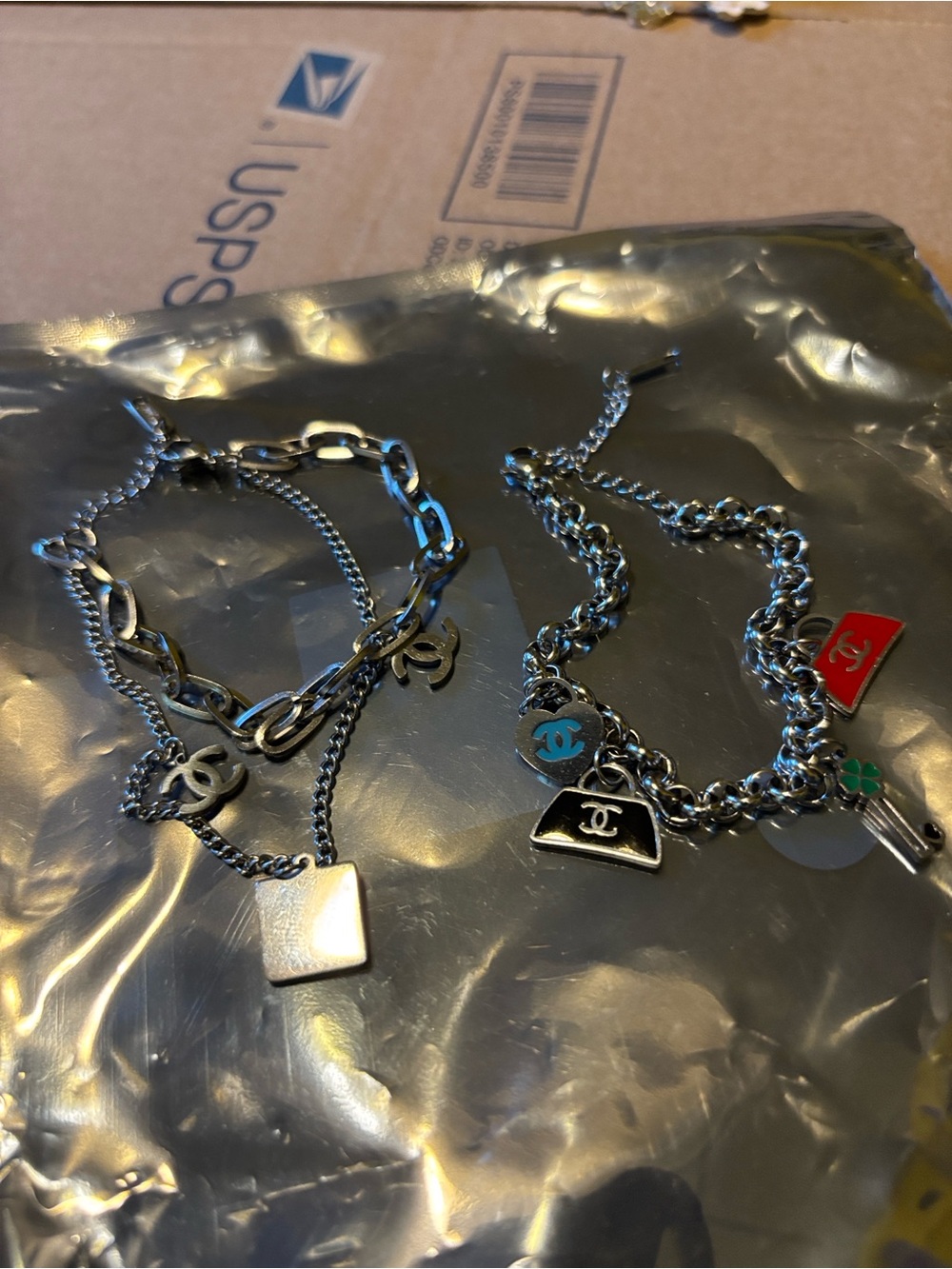 2 Silver Stainless Steel Charm Bracelets
